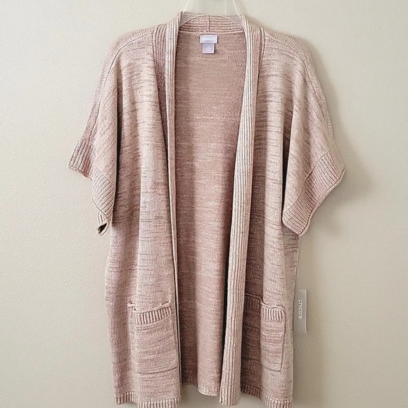 Chico's Neutral Knit Longline Open Front Elbow Sleeve Cardigan Sweater - Size L - Picture 1 of 6